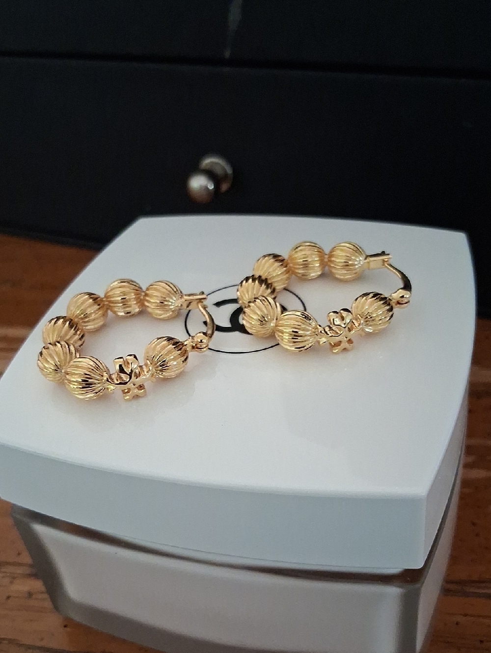 Tory Burch Gold Textured Bead Hoop Earrings